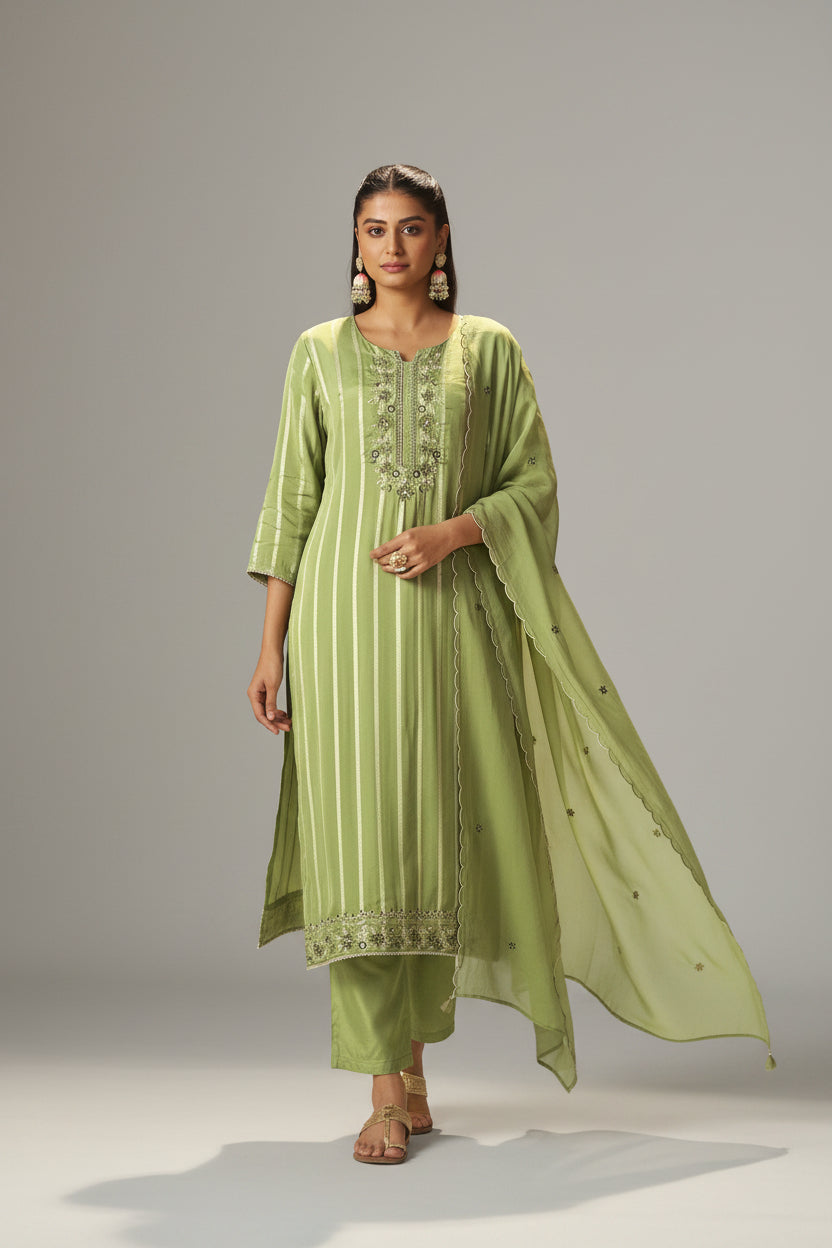 Emerald Organza Jacquard Embroidered Set