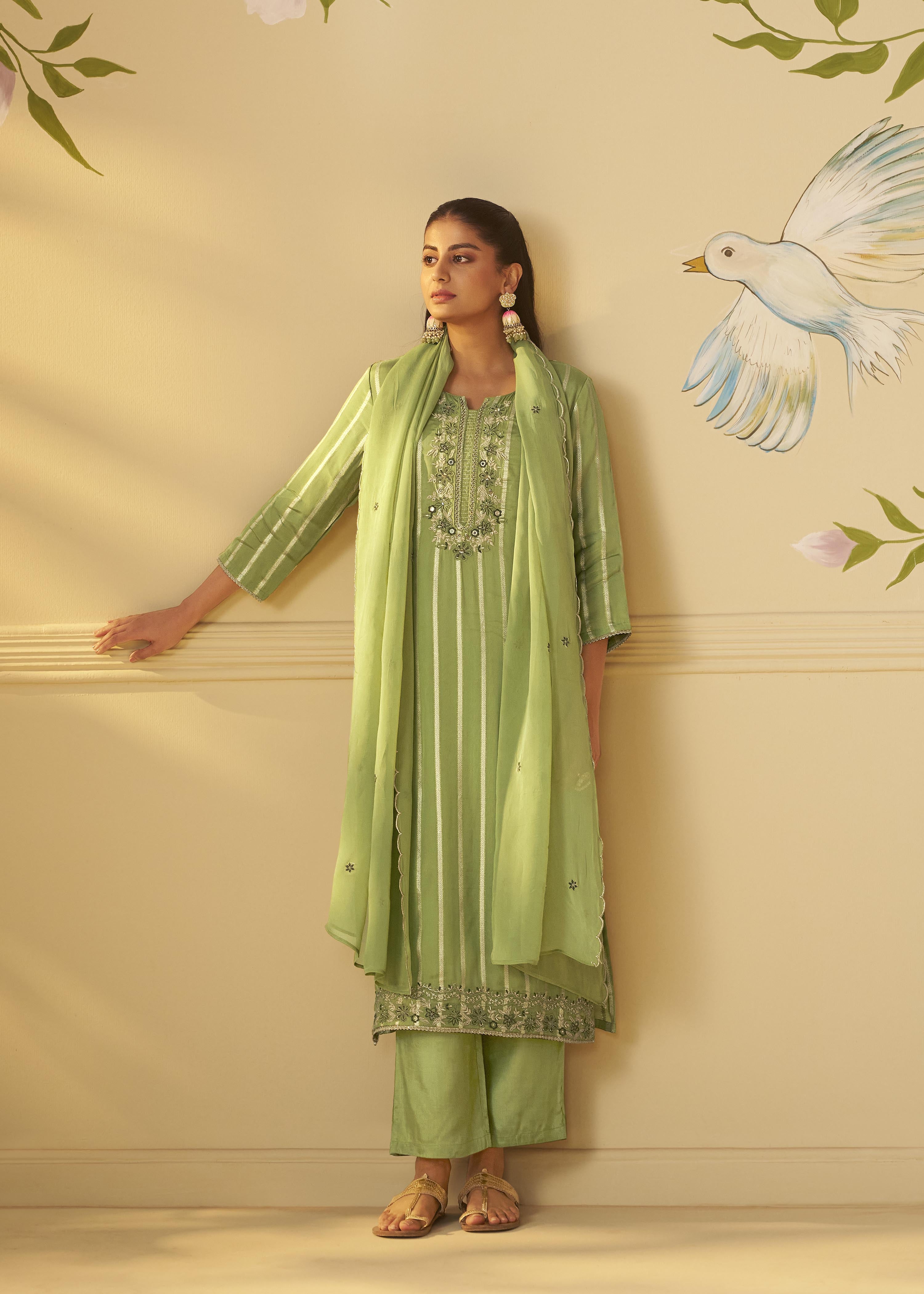 Emerald Organza Jacquard Embroidered Set