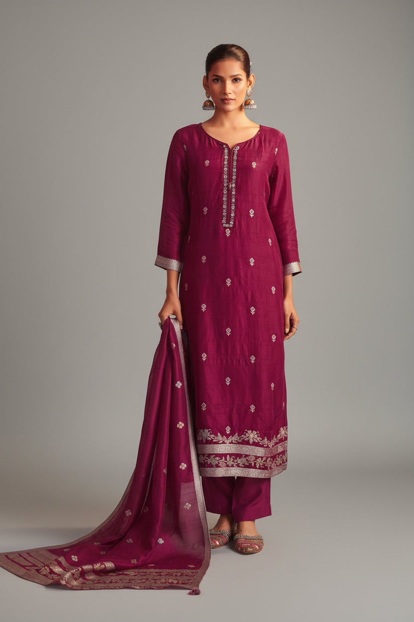 Bhagalpuri Silk Jacquard Set (Handwork)