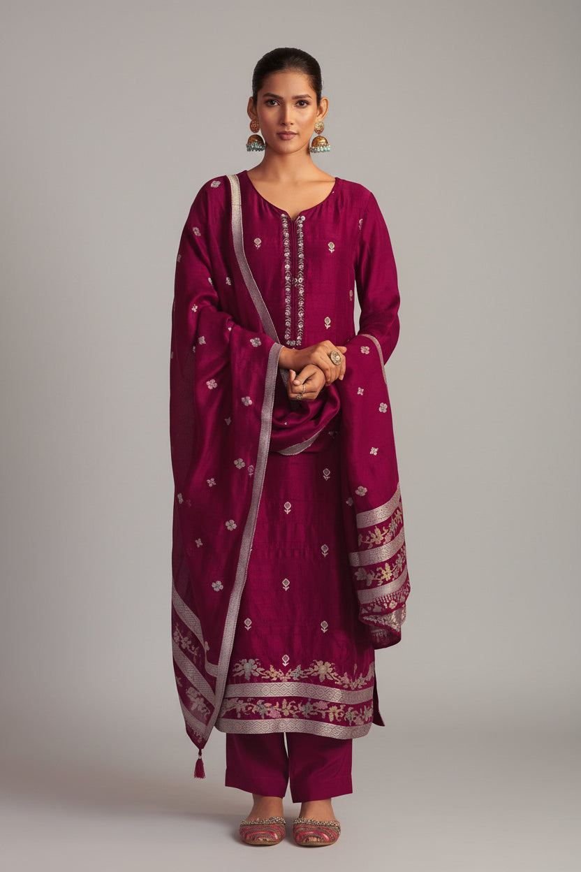 Bhagalpuri Silk Jacquard Set (Handwork)