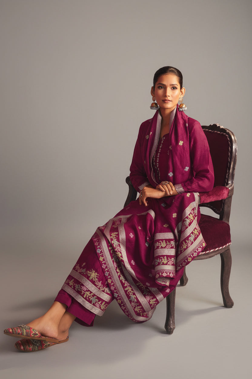 Bhagalpuri Silk Jacquard Set (Handwork)