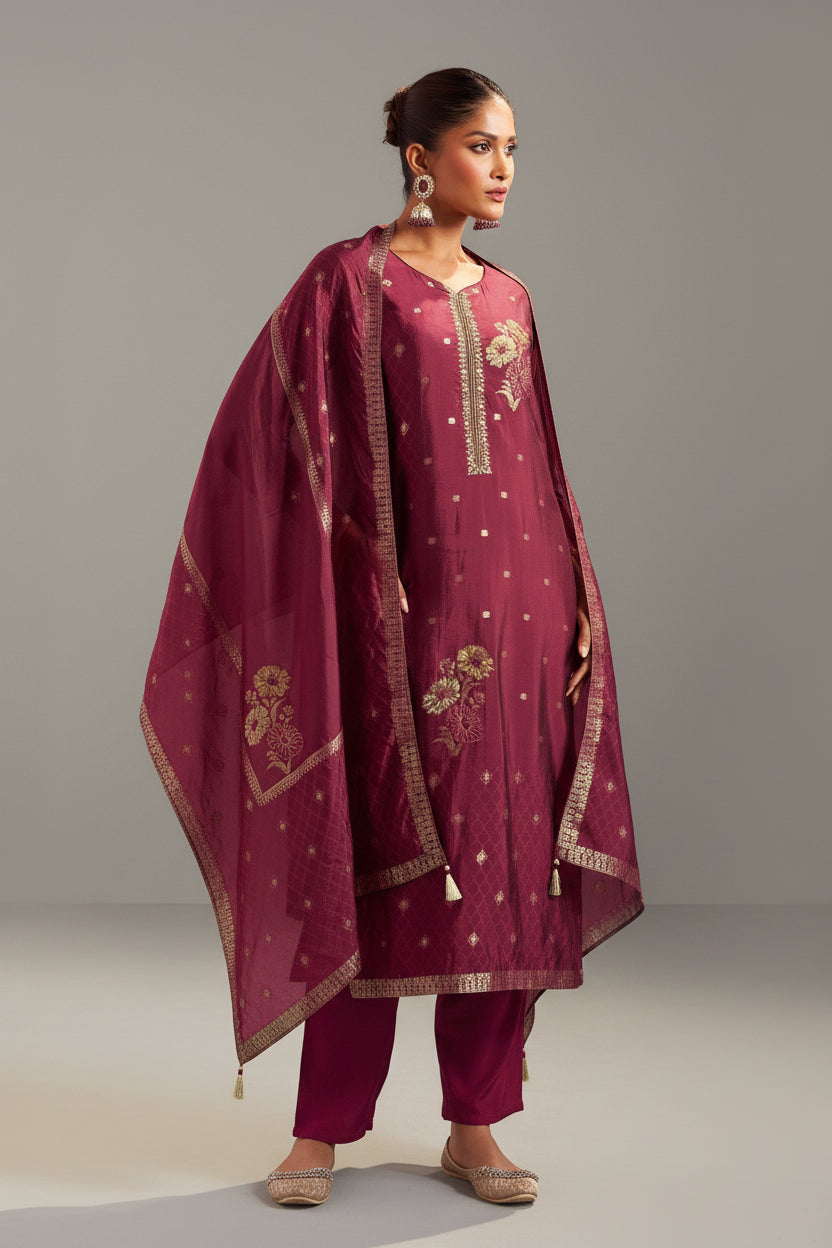 Maroon Handworked Silk Festive Kurta Set