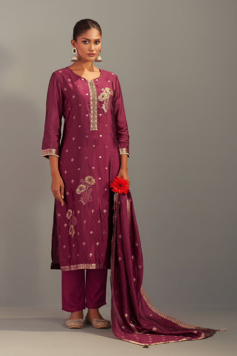 Maroon Handworked Silk Festive Kurta Set