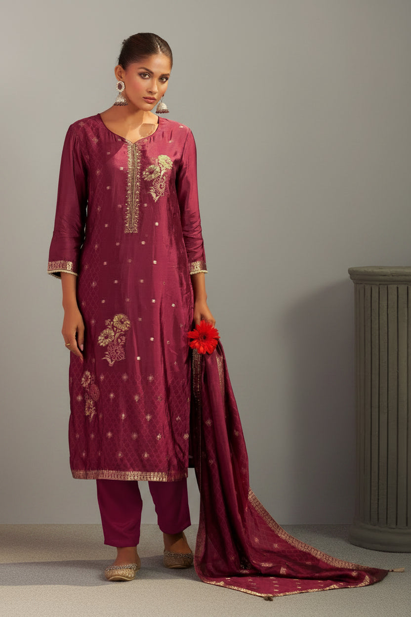 Maroon Handworked Silk Festive Kurta Set