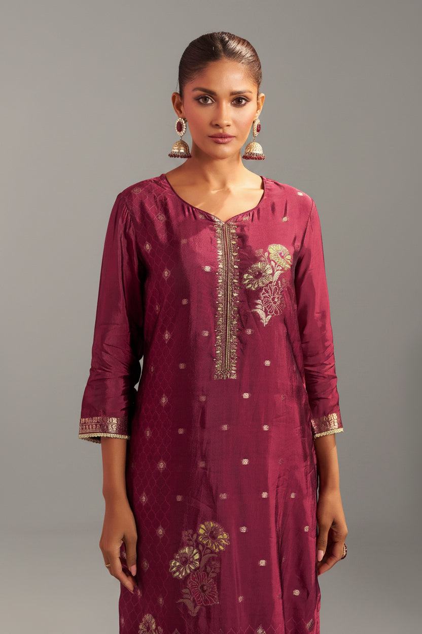 Maroon Handworked Silk Festive Kurta Set