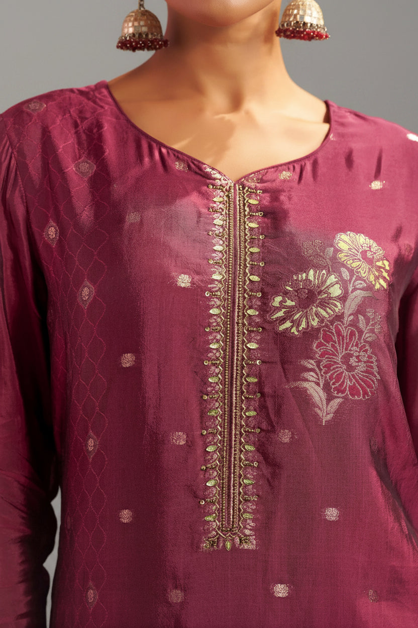Maroon Handworked Silk Festive Kurta Set