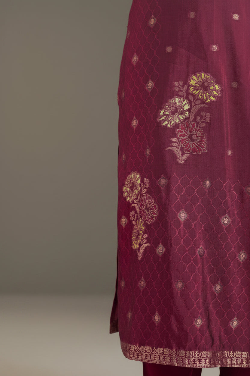 Maroon Handworked Silk Festive Kurta Set