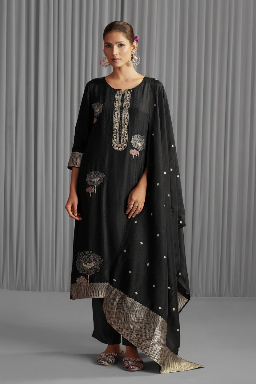 Black Handworked Silk Festive Kurta Set