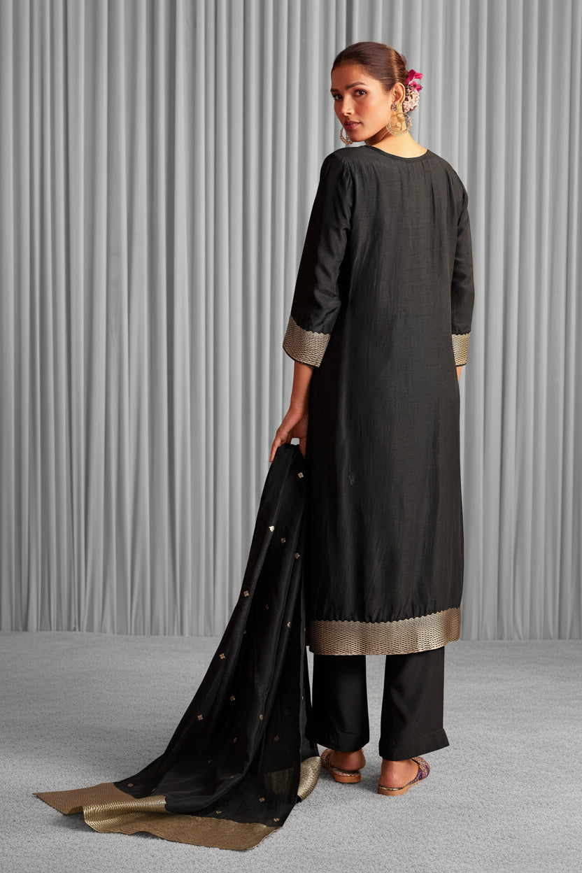 Black Handworked Silk Festive Kurta Set