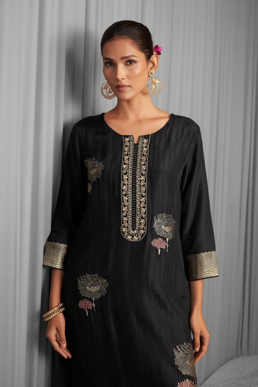 Black Handworked Silk Festive Kurta Set