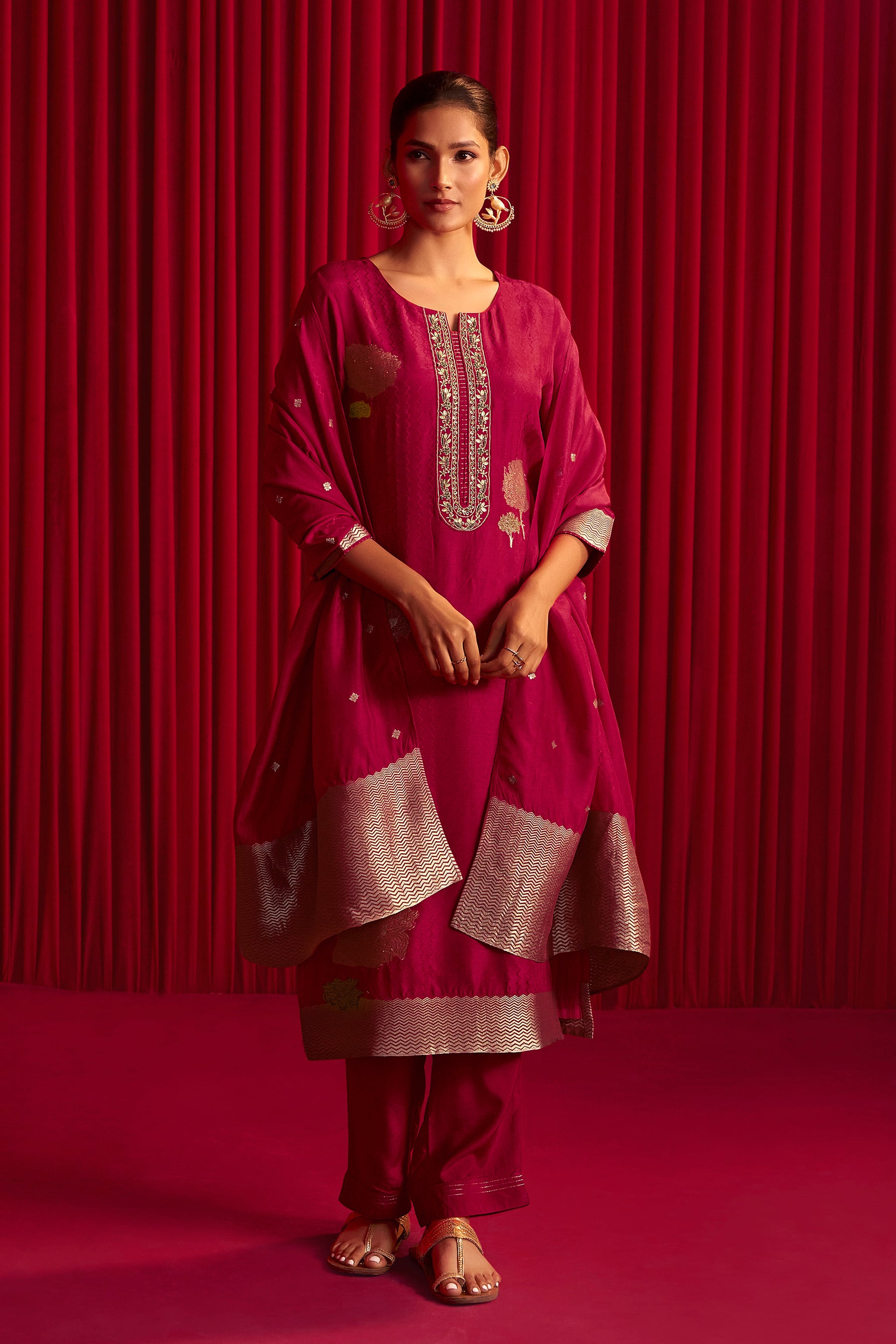 Red Handworked Silk Festive Kurta Set