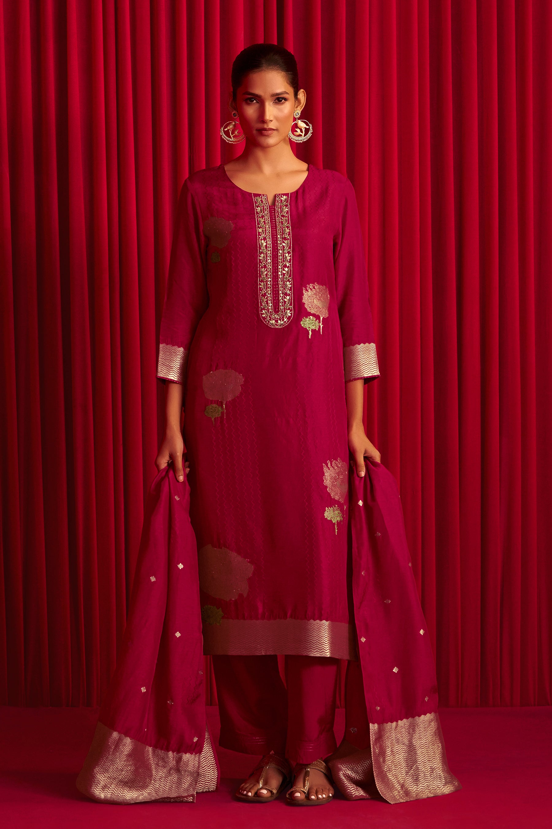 Red Handworked Silk Festive Kurta Set