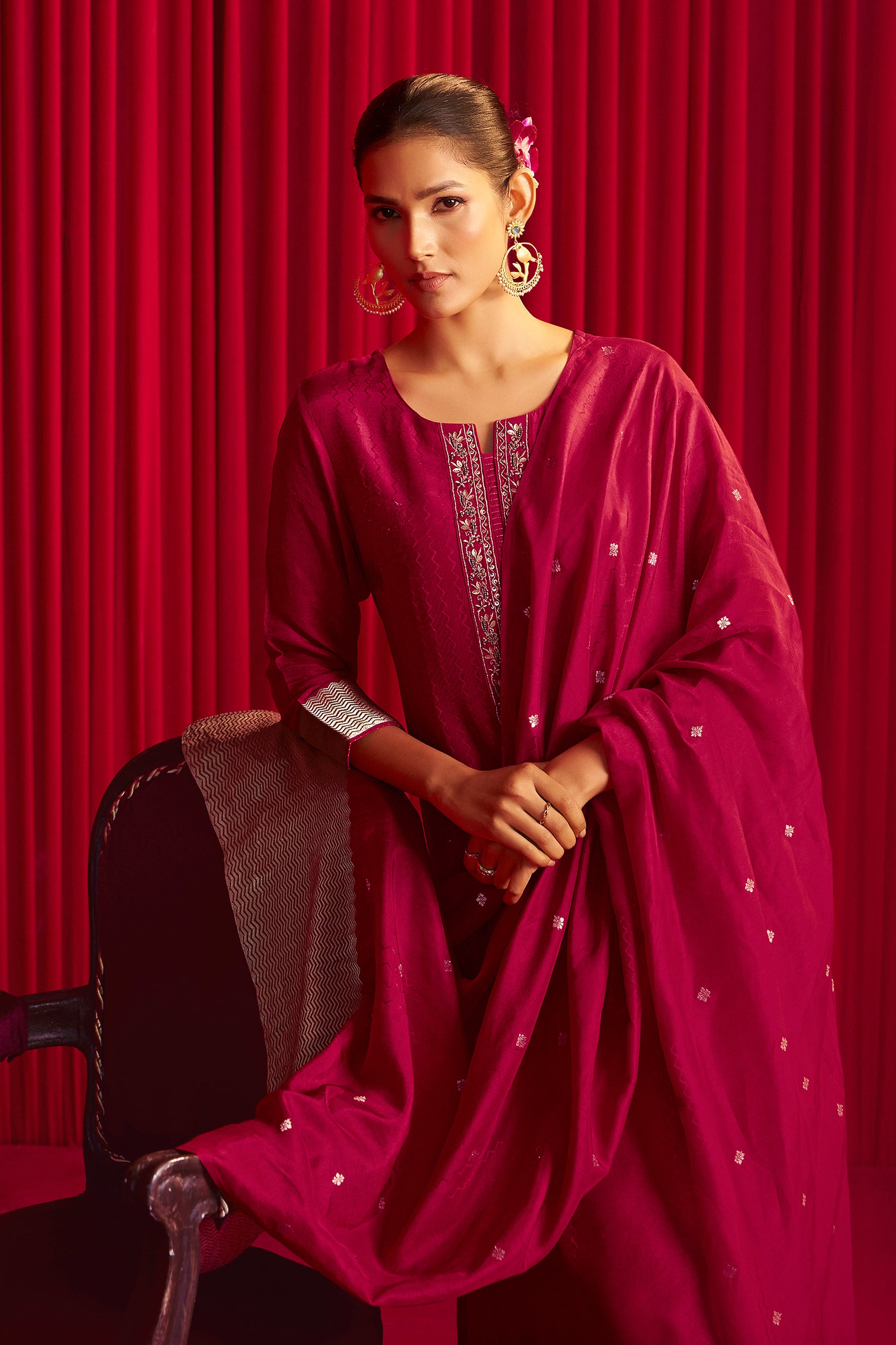 Red Handworked Silk Festive Kurta Set