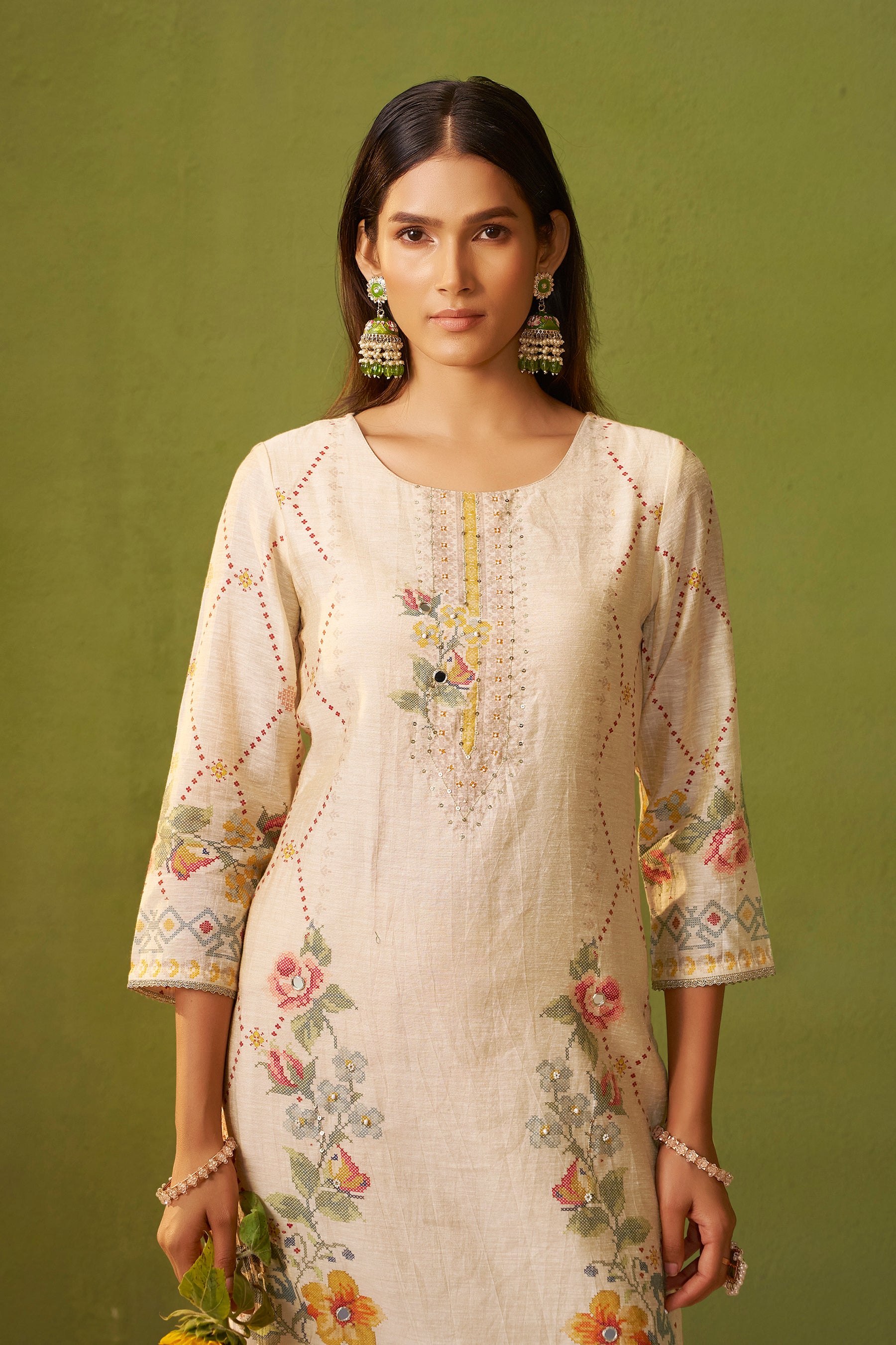 Shimmer Linen Digital Print Set – Cream