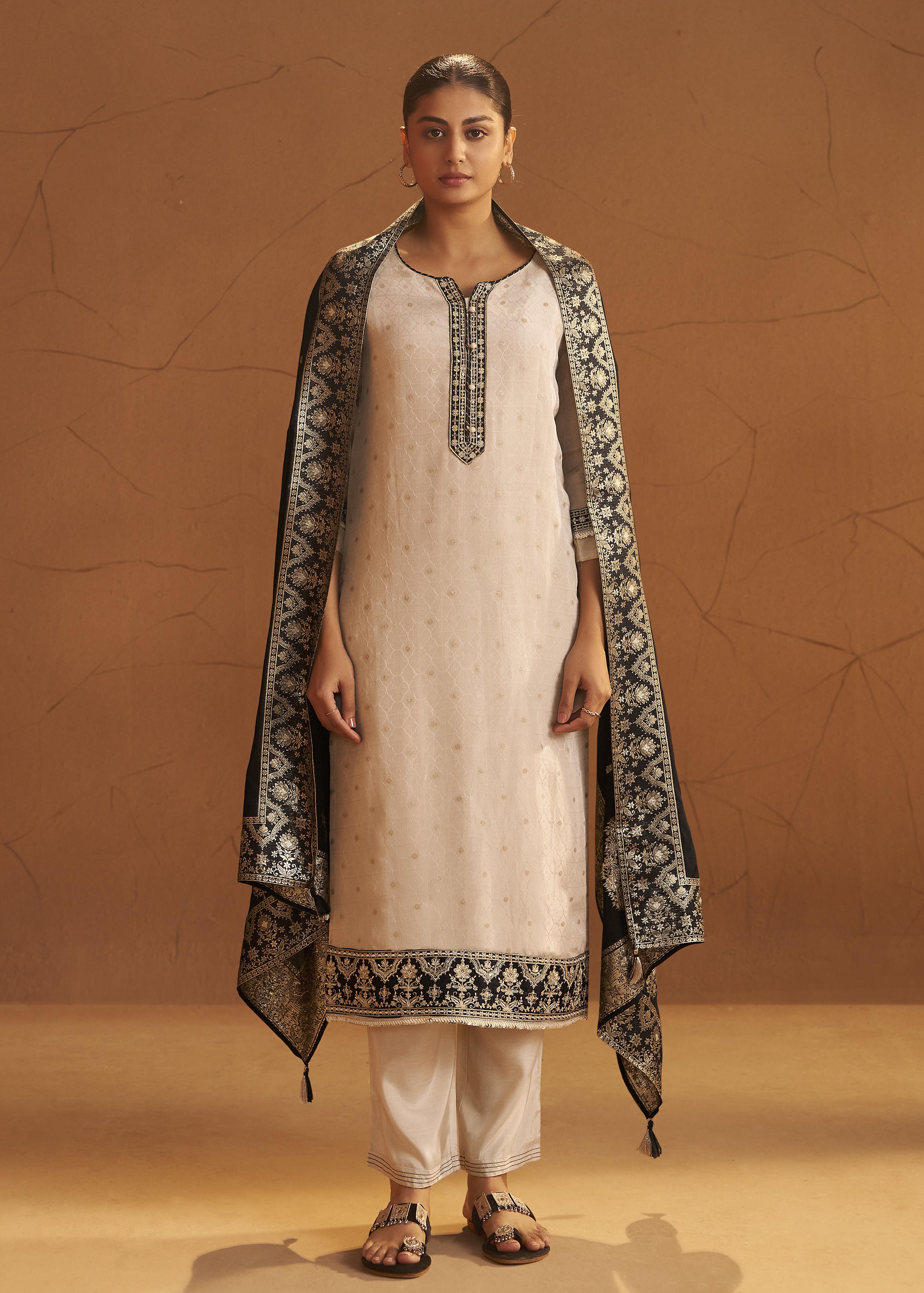 Ivory Tissue Organza Jacquard Ensemble