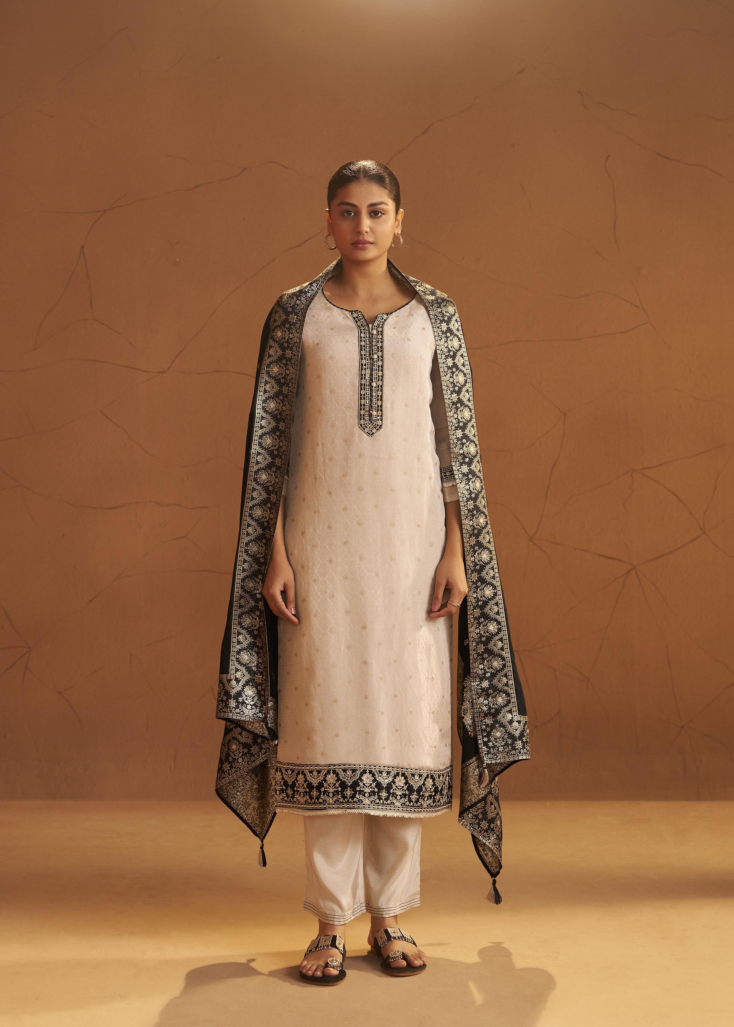 Ivory Tissue Organza Jacquard Ensemble