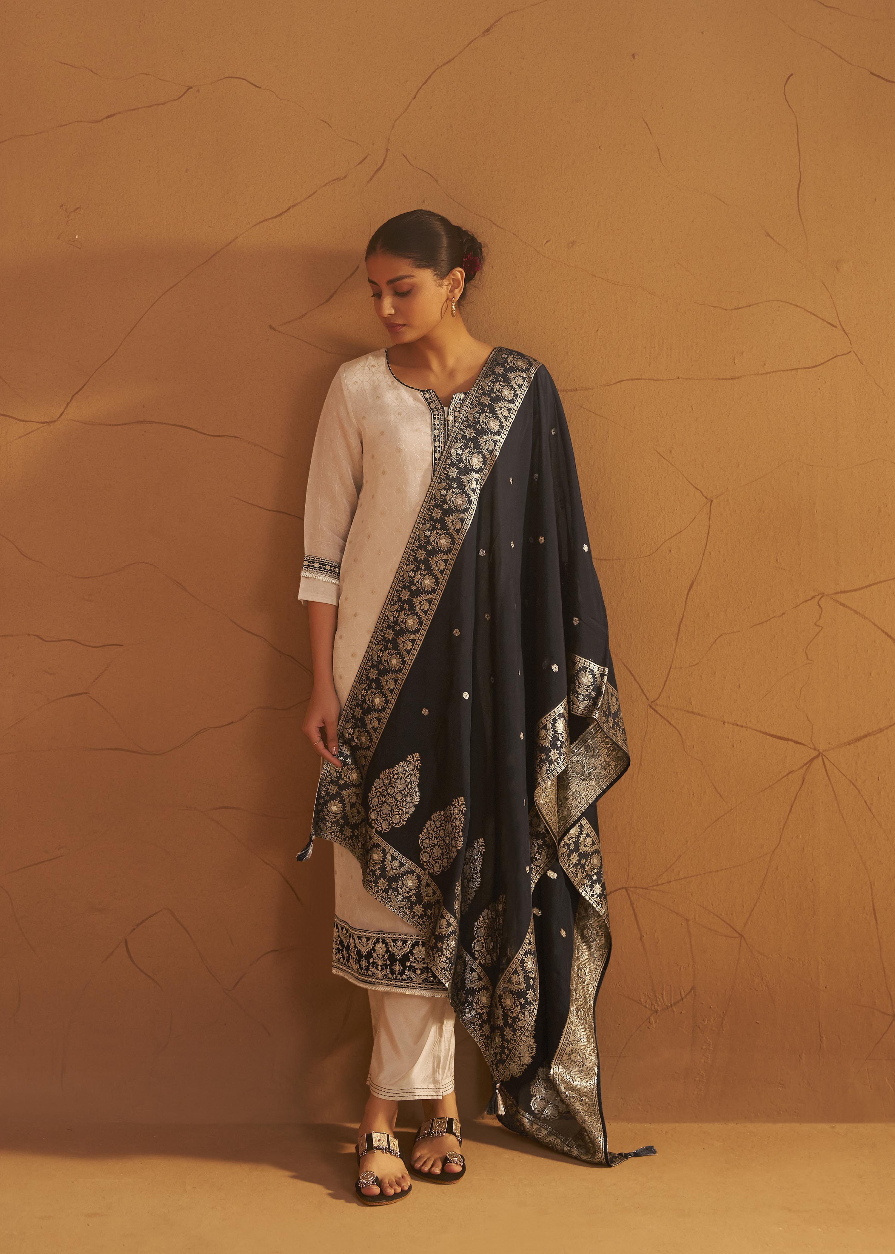 Ivory Tissue Organza Jacquard Ensemble