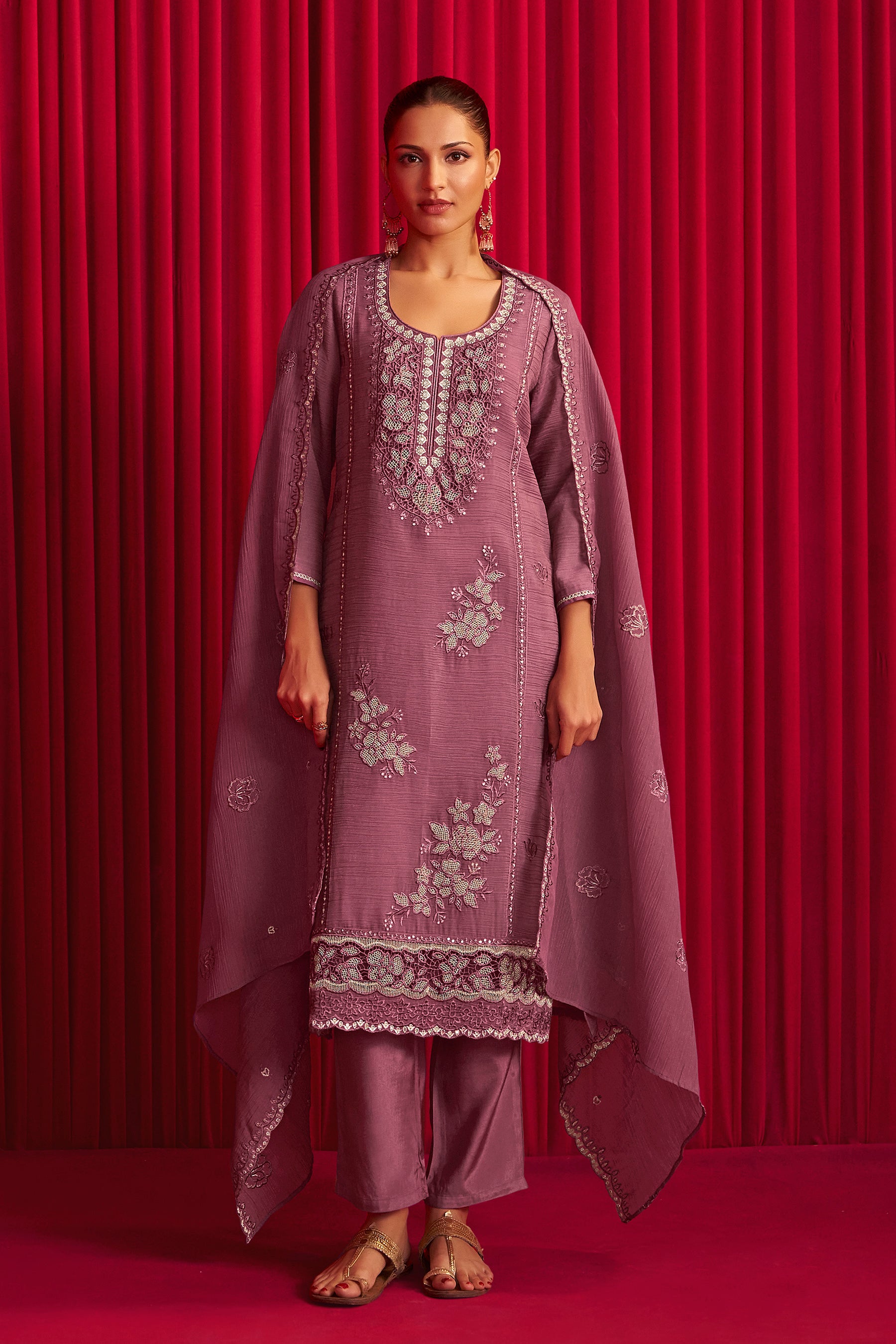 Crush Organza Border Embroidery Kurta Set
