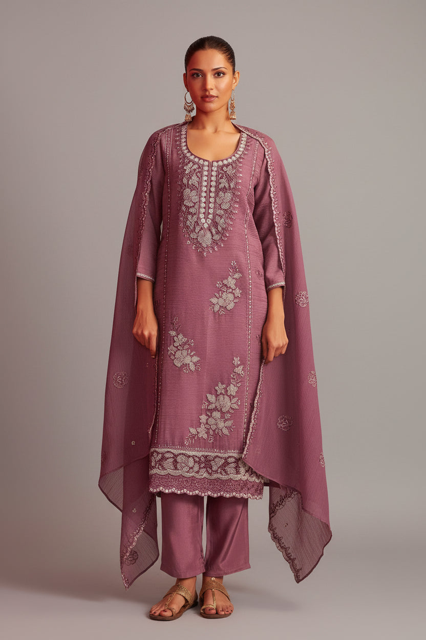 Mauve Handworked Silk Festive Kurta Set