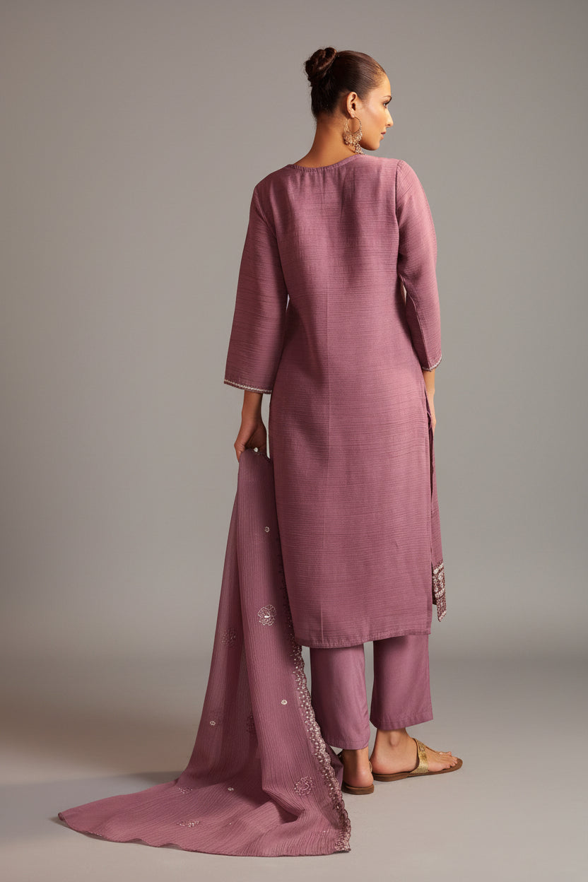 Mauve Handworked Silk Festive Kurta Set