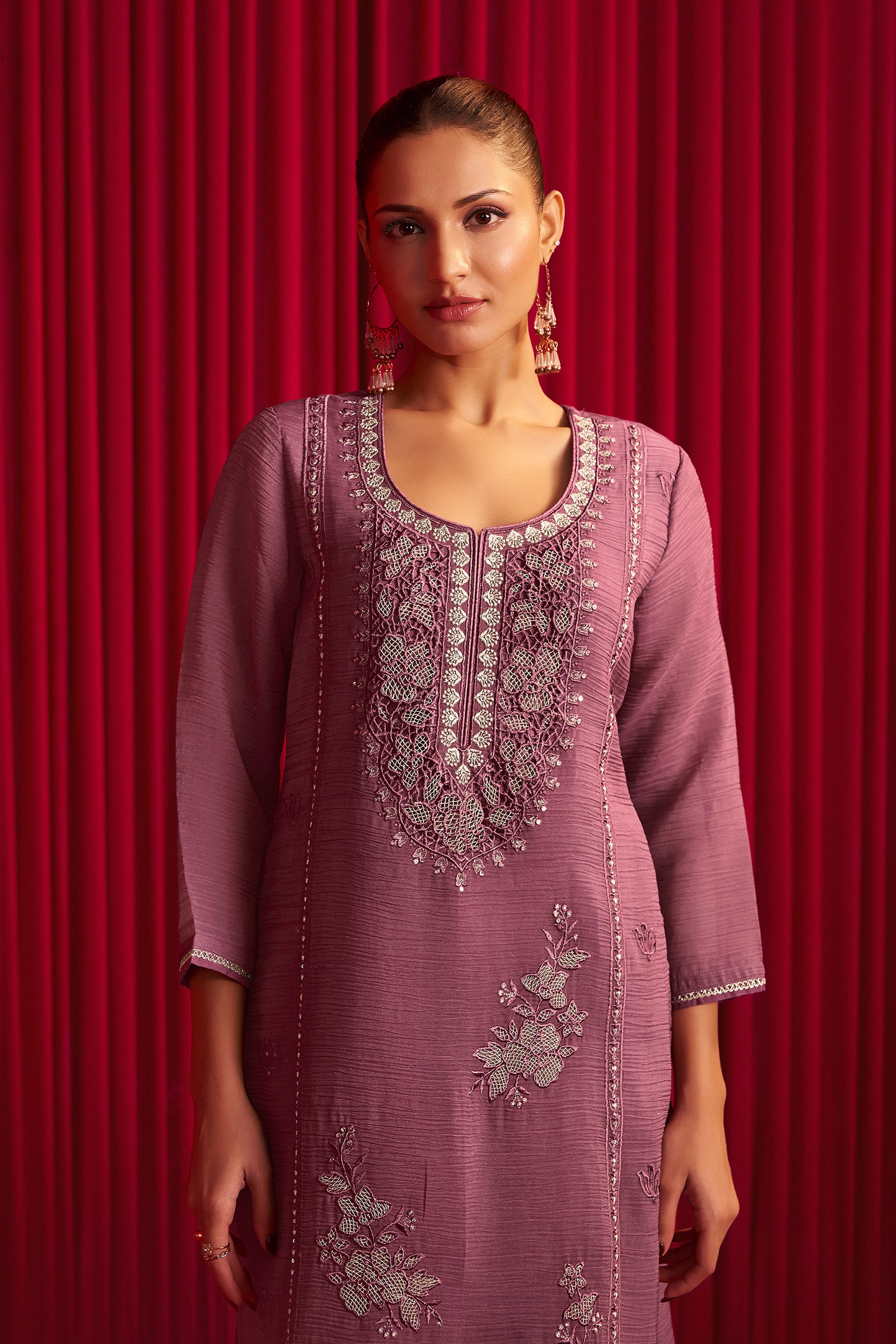Crush Organza Border Embroidery Kurta Set