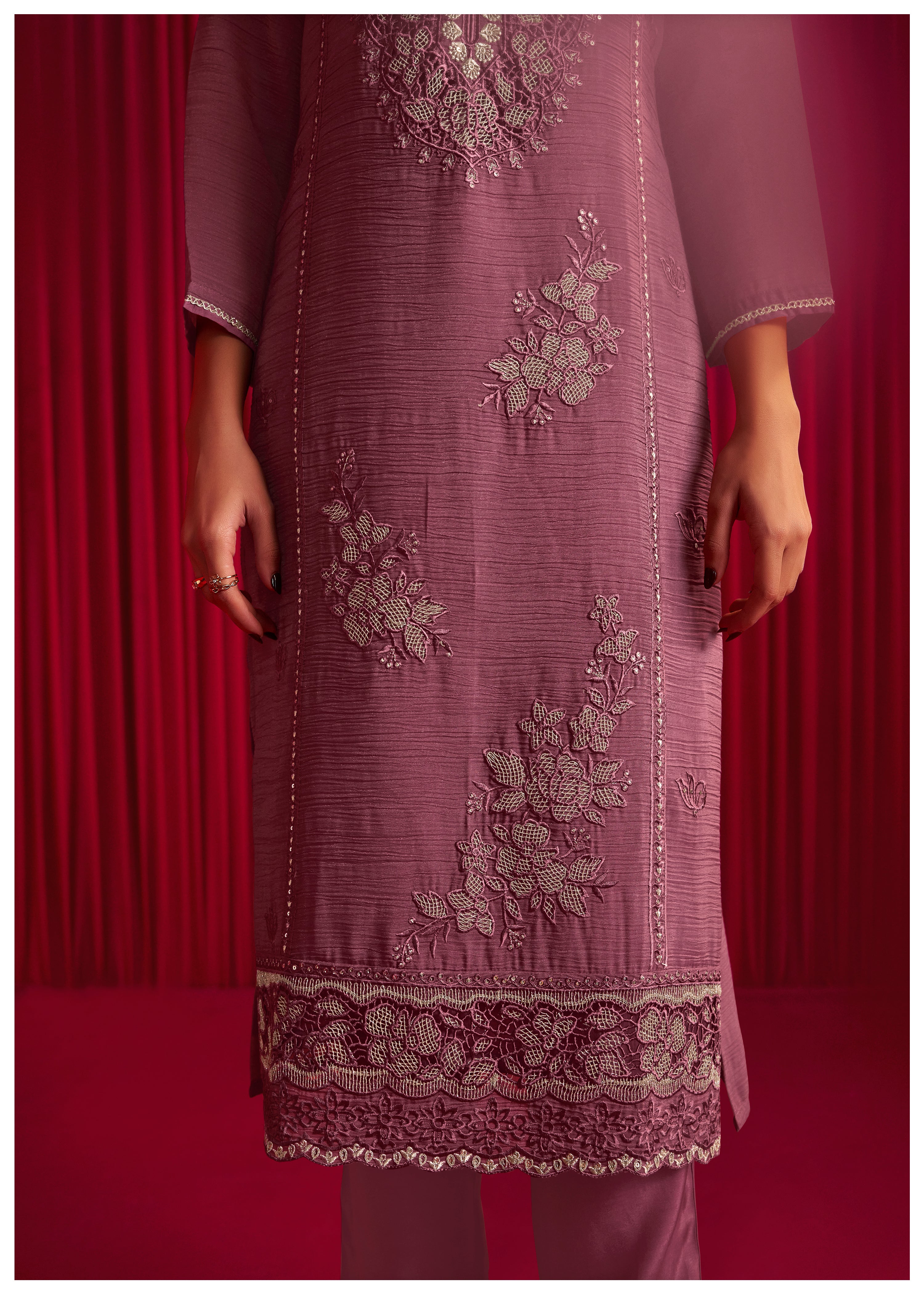 Crush Organza Border Embroidery Kurta Set