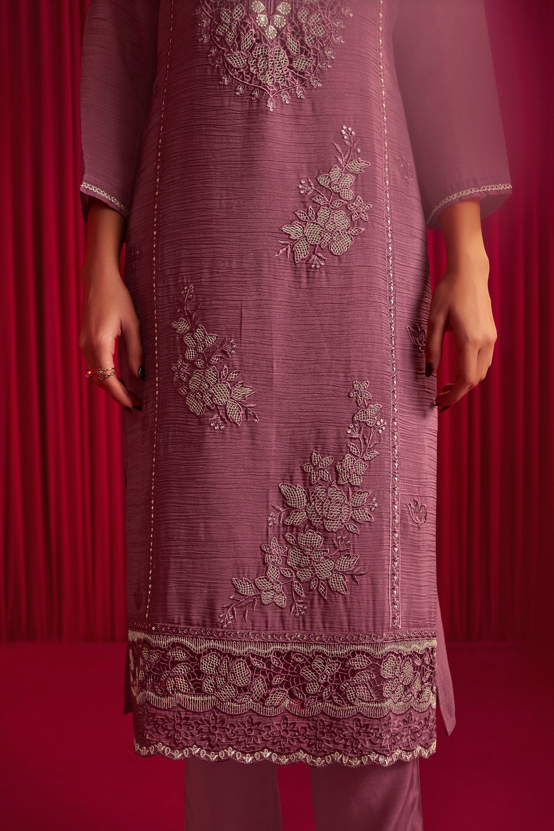 Crush Organza Border Embroidery Kurta Set