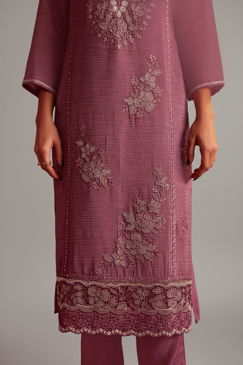 Mauve Handworked Silk Festive Kurta Set