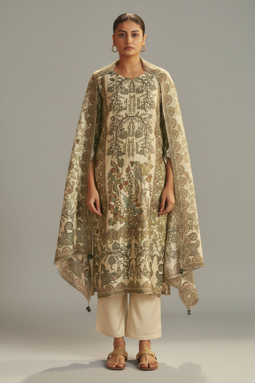 Warm CreamShimmer Linen Digital Print Kurta Set