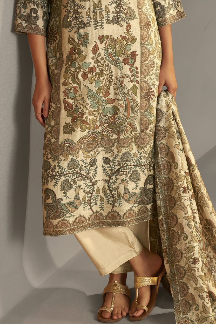 Warm CreamShimmer Linen Digital Print Kurta Set