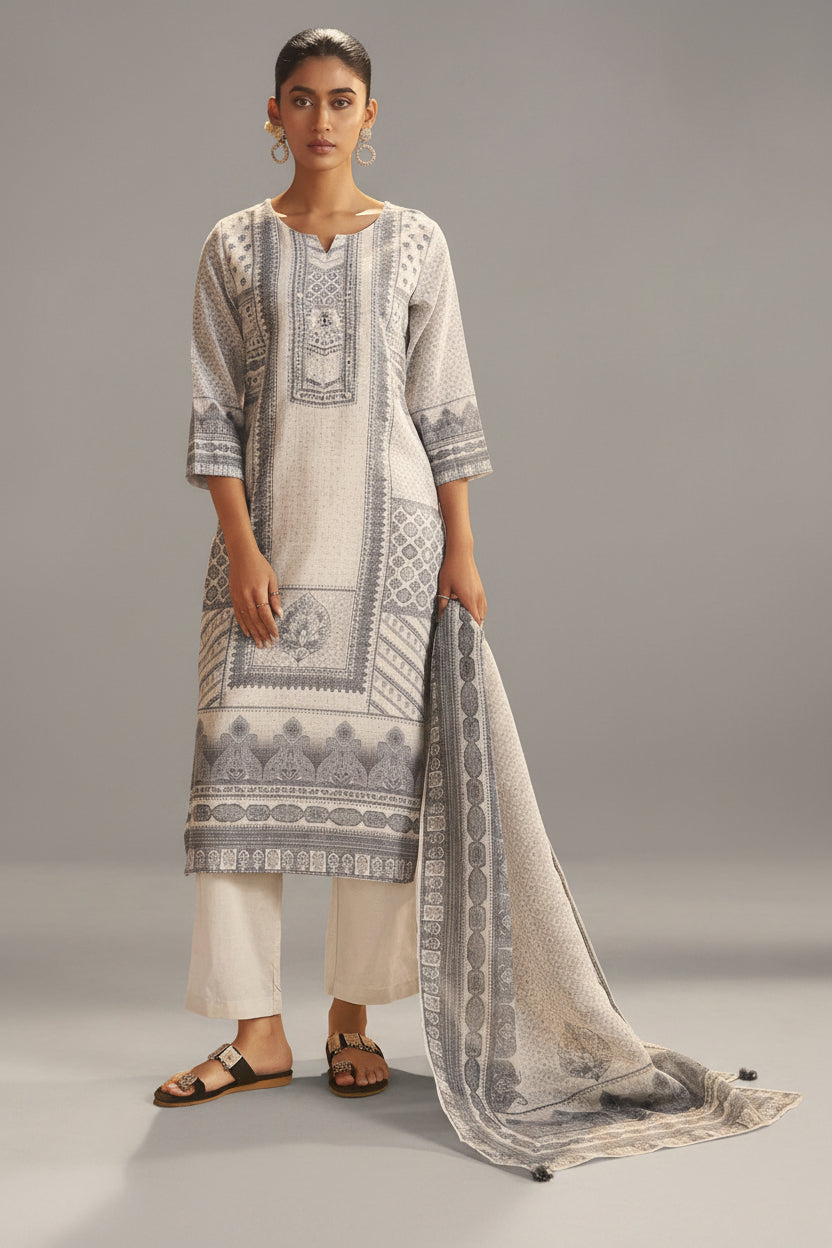 Slate Cream Linen Cotton Digital Print Kurta Set