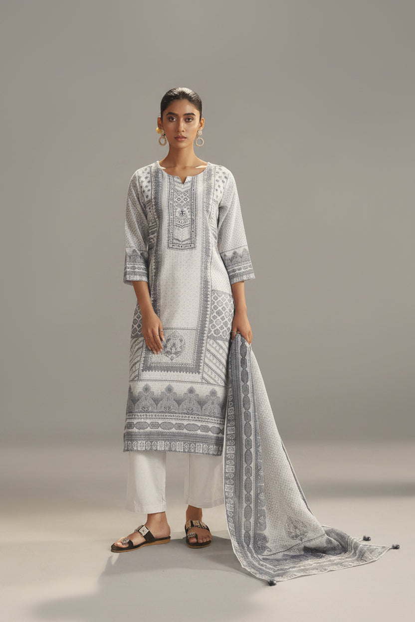 Slate Cream Linen Cotton Digital Print Kurta Set
