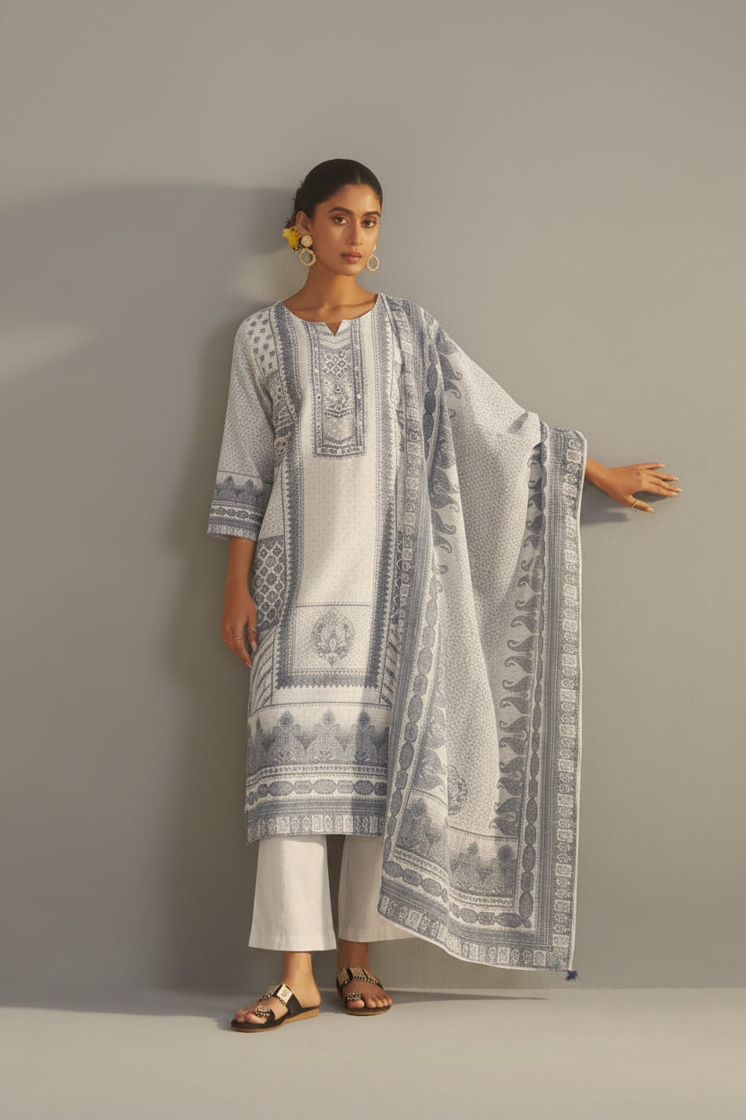 Slate Cream Linen Cotton Digital Print Kurta Set