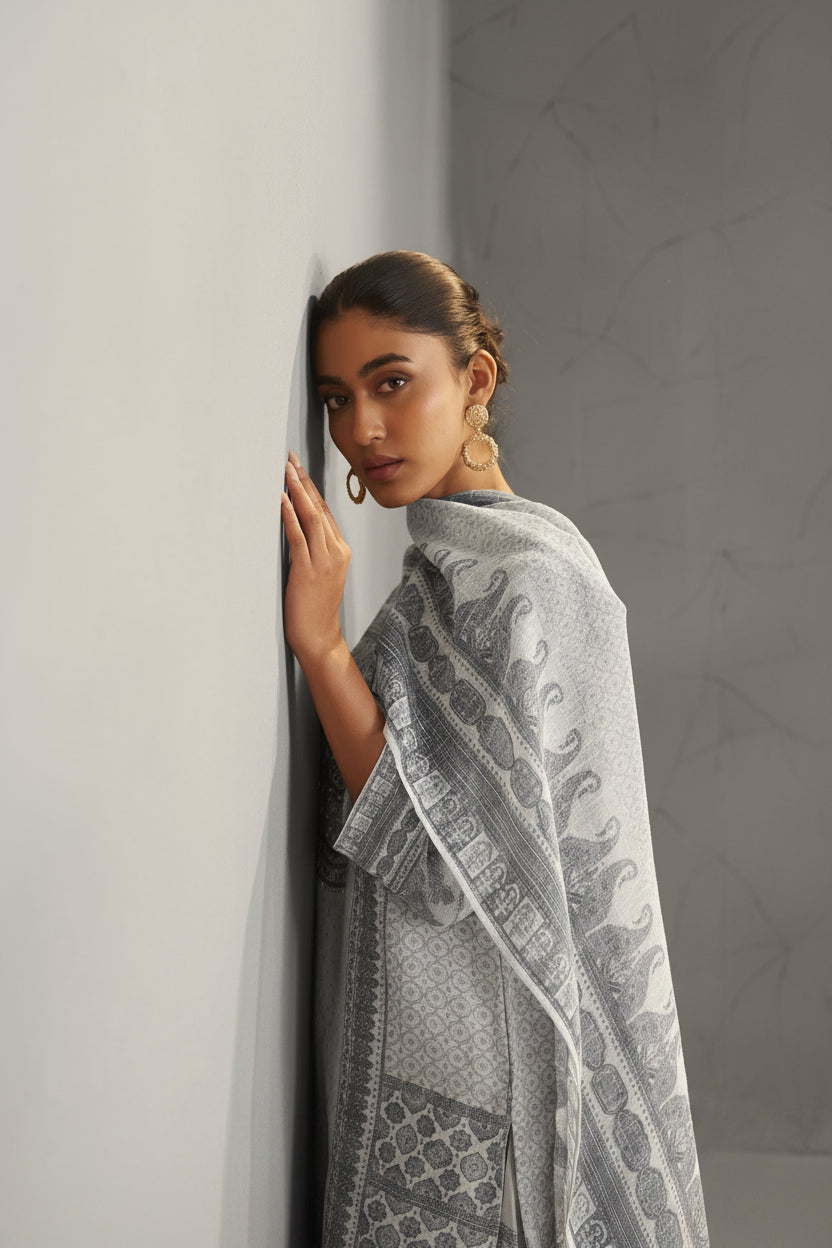 Slate Cream Linen Cotton Digital Print Kurta Set