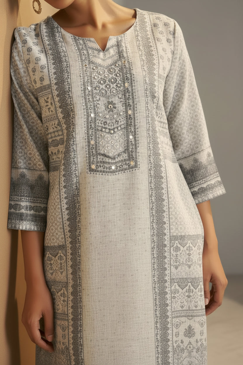 Slate Cream Linen Cotton Digital Print Kurta Set