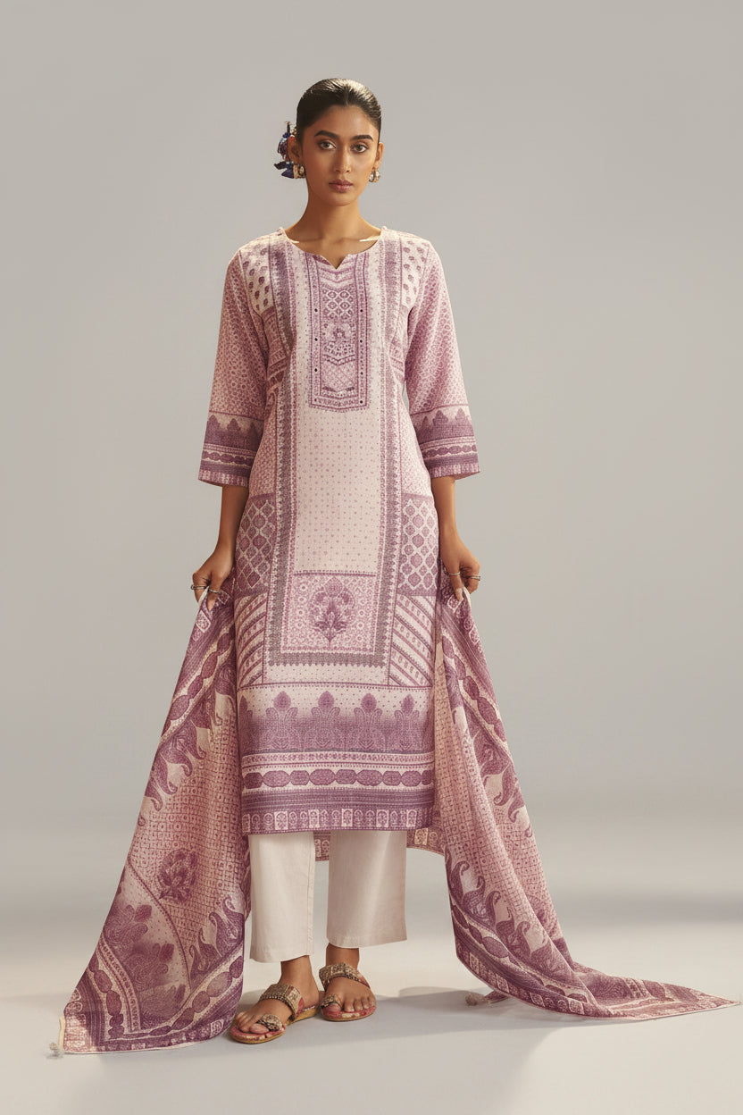 Light Blush Linen Cotton Digital Print Kurta Set