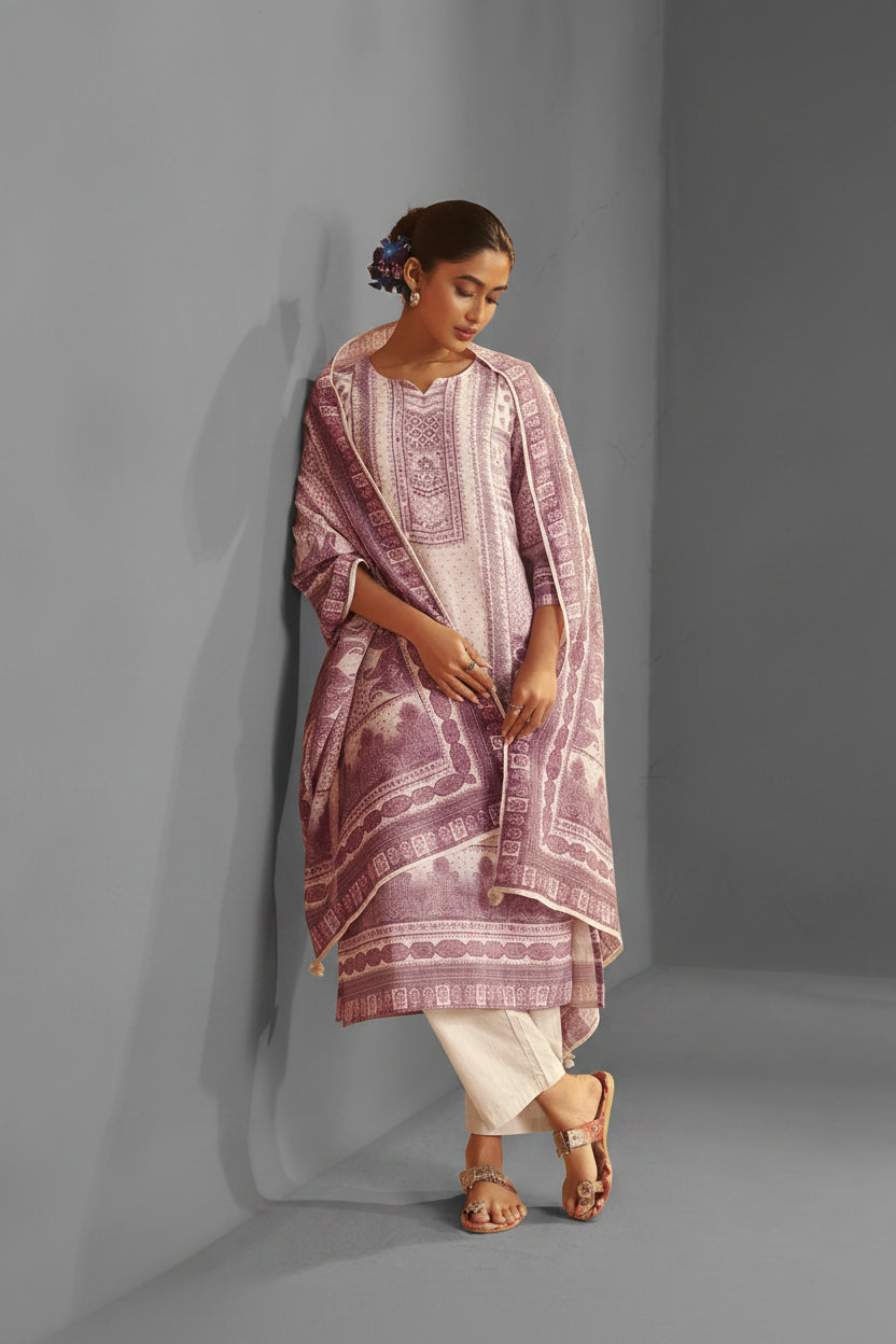Light Blush Linen Cotton Digital Print Kurta Set