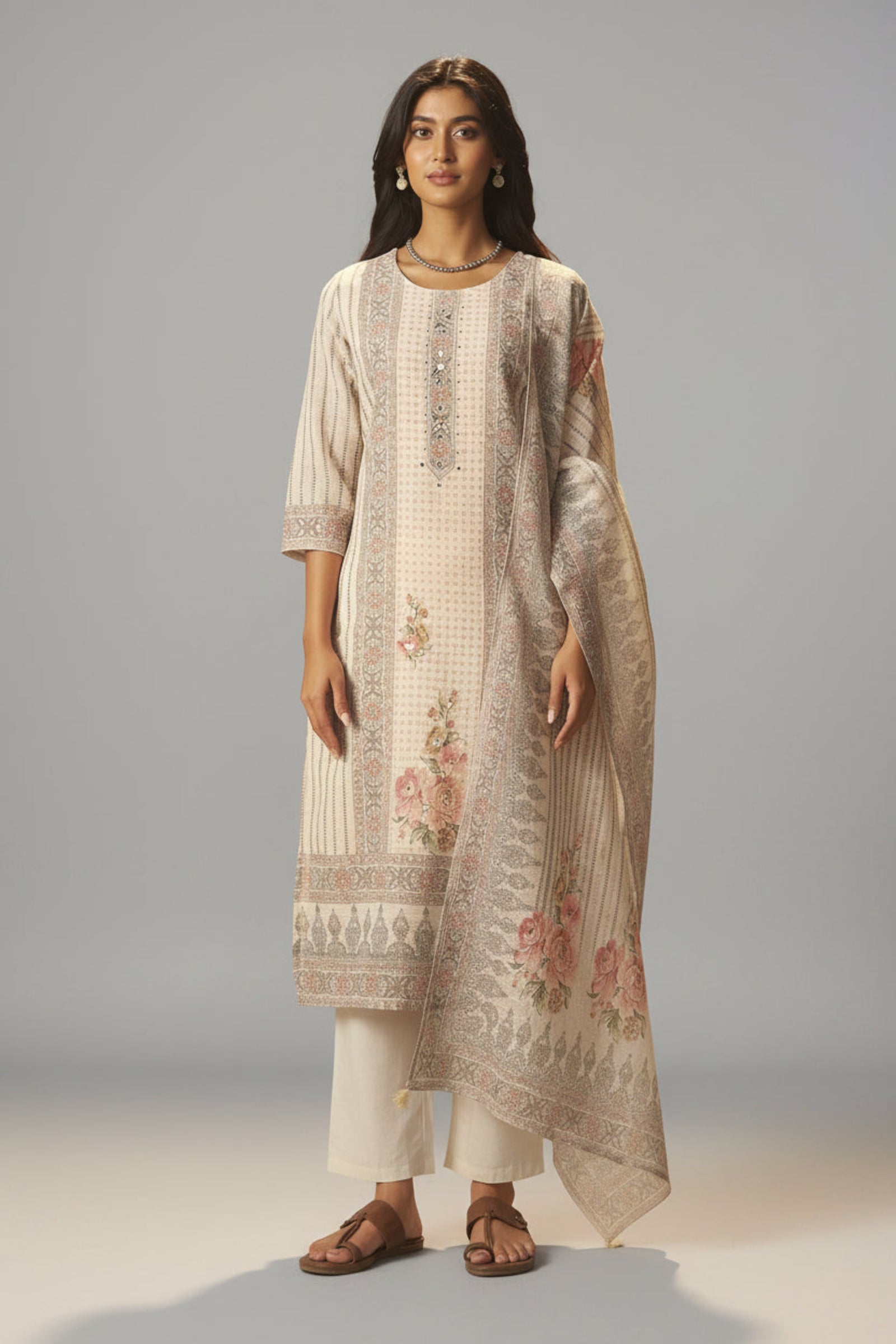 Pearl Cream Linen Cotton Digital Print Kurta Set