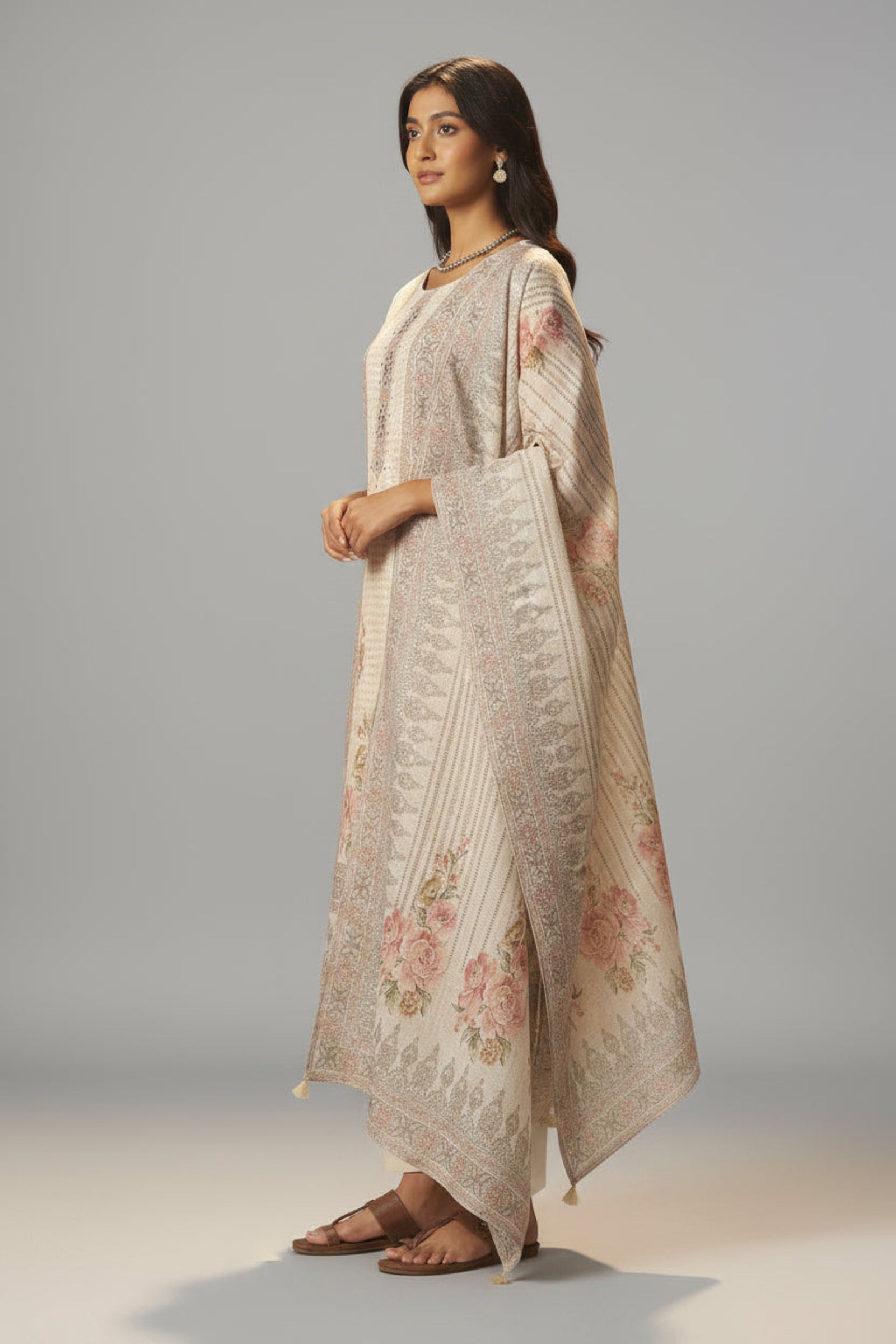 Pearl Cream Linen Cotton Digital Print Kurta Set