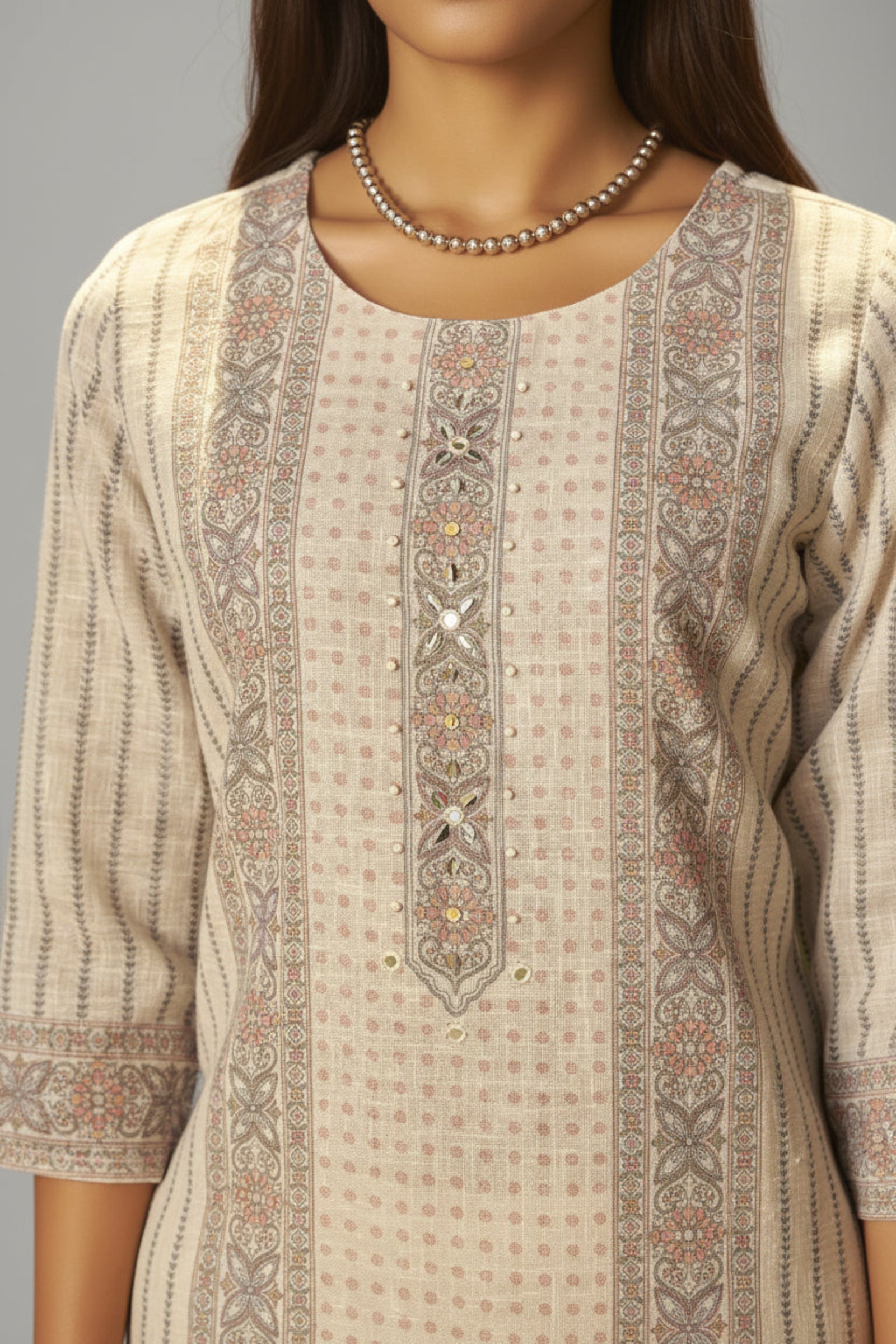Pearl Cream Linen Cotton Digital Print Kurta Set