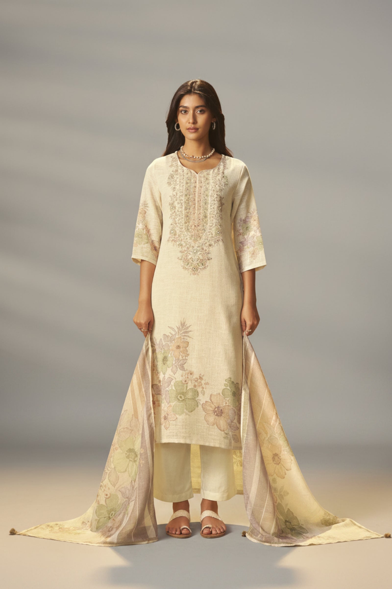 Ivory Cream Linen Cotton Printed Kurta Set