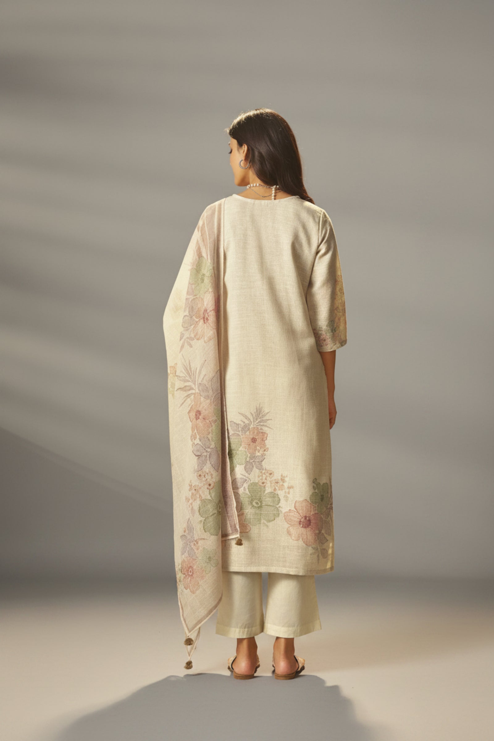 Ivory Cream Linen Cotton Printed Kurta Set