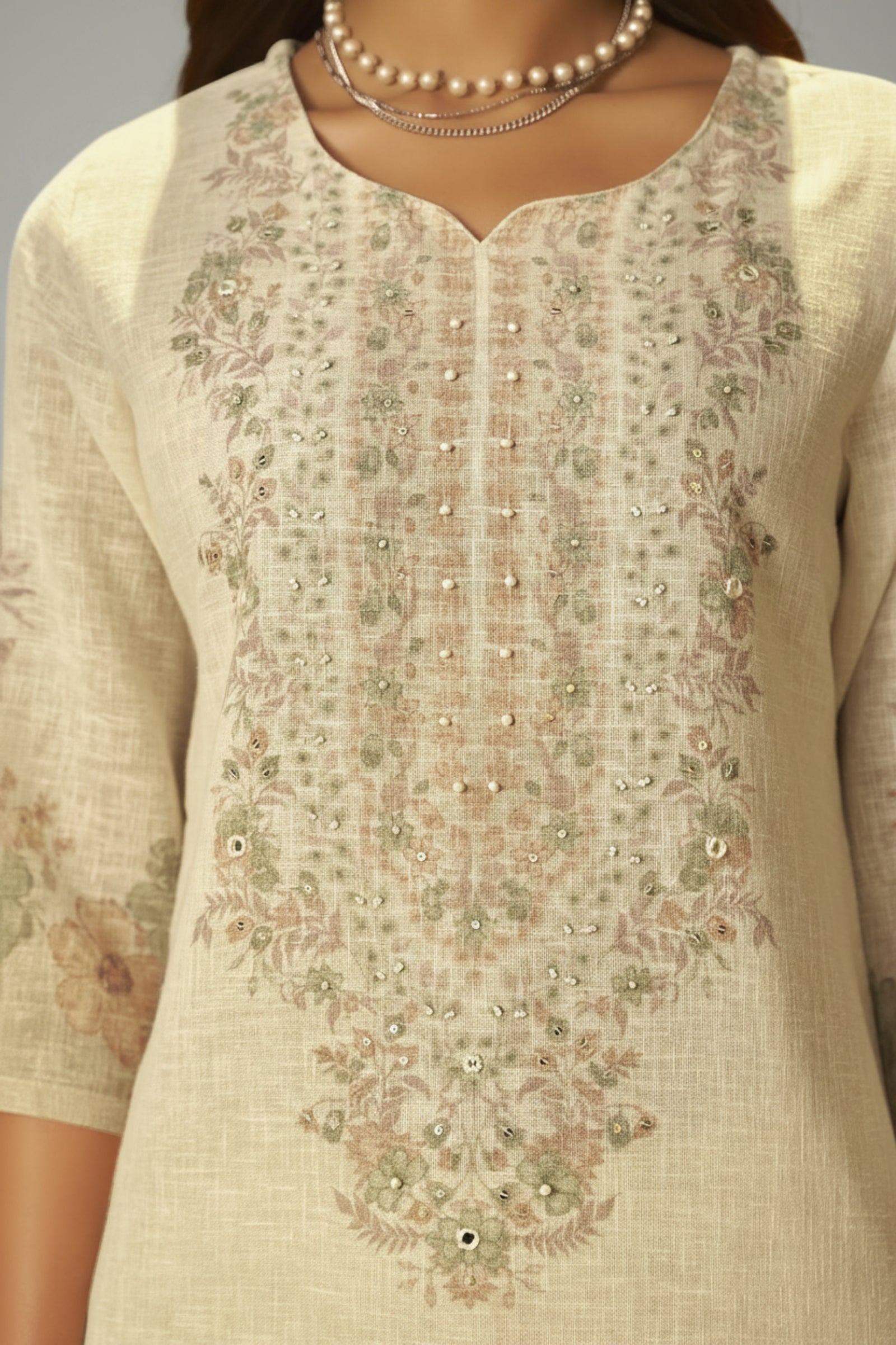 Ivory Cream Linen Cotton Printed Kurta Set