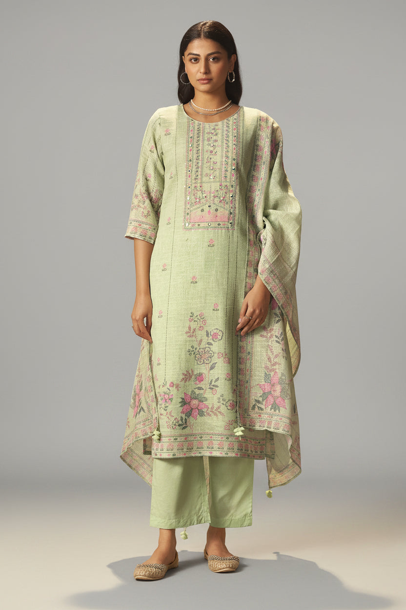 Sage Green Linen Cotton Printed Kurta Set