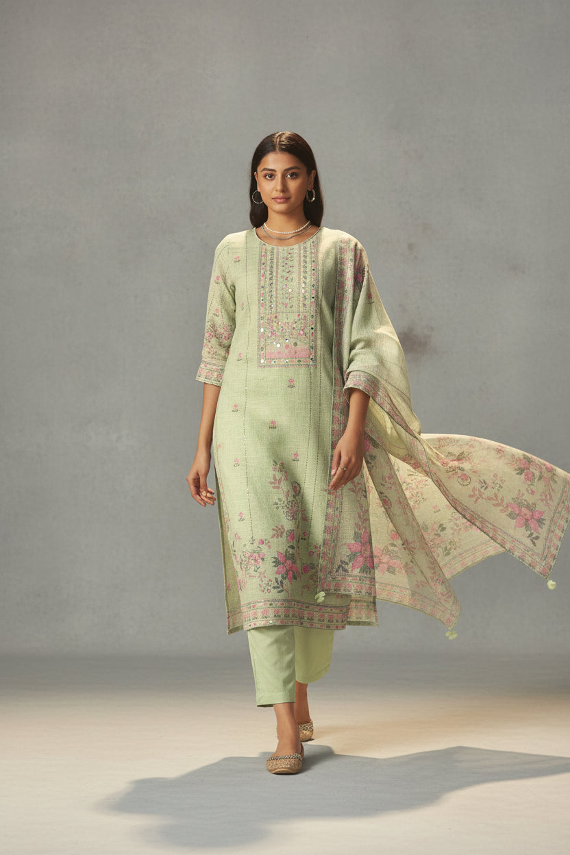 Sage Green Linen Cotton Printed Kurta Set