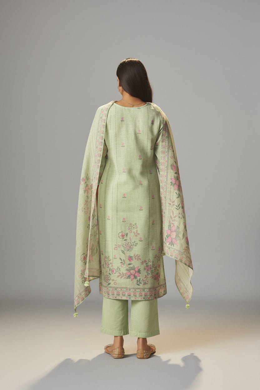 Sage Green Linen Cotton Printed Kurta Set