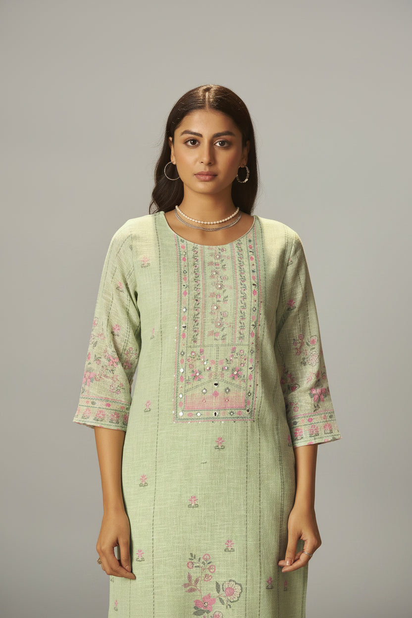 Sage Green Linen Cotton Printed Kurta Set