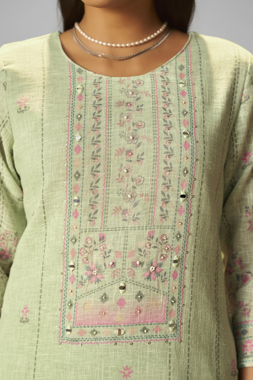 Sage Green Linen Cotton Printed Kurta Set