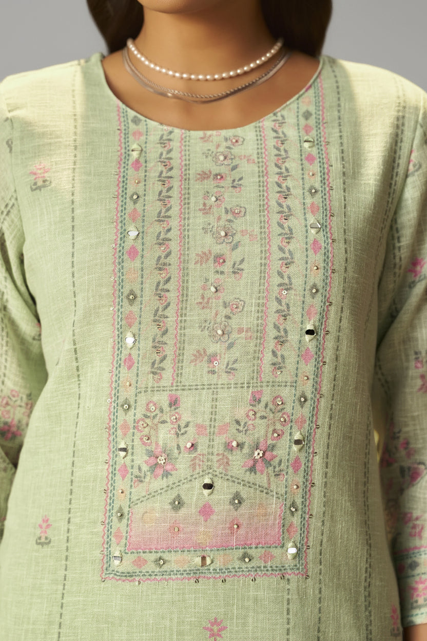 Sage Green Linen Cotton Printed Kurta Set
