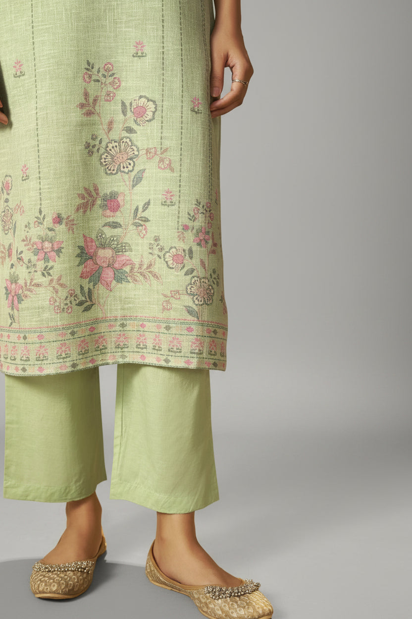 Sage Green Linen Cotton Printed Kurta Set